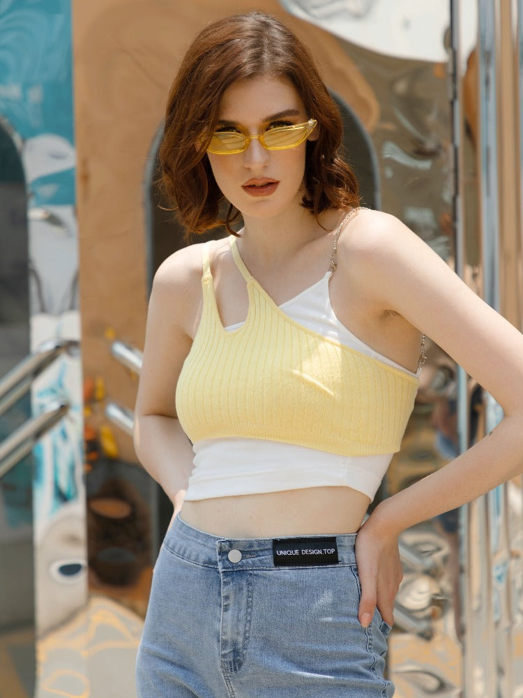 Yellow 2 In 1 Knit Crop Top