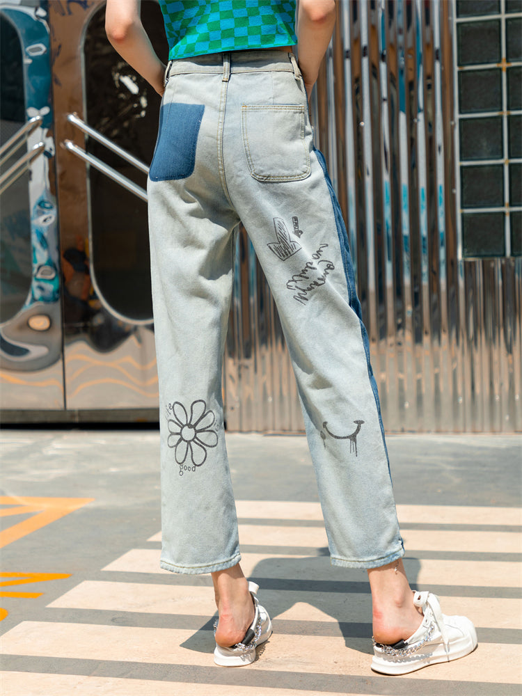 Blue Graffiti Splicing Denim Straight Jeans