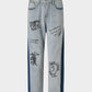 Blue Graffiti Splicing Denim Straight Jeans