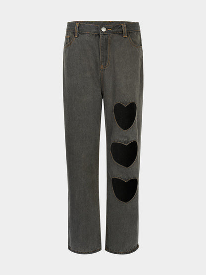 Grey Heart Cutout Straight Pants