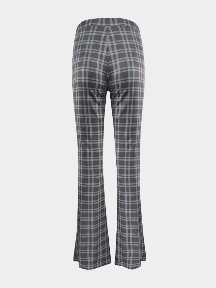 Grey Retro Plaid Distressed Bootcut Pants
