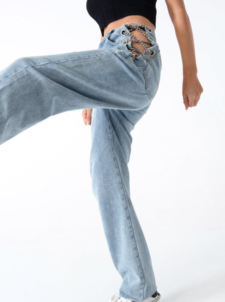 Sexy Metallic Chain Denim Lace up Jeans