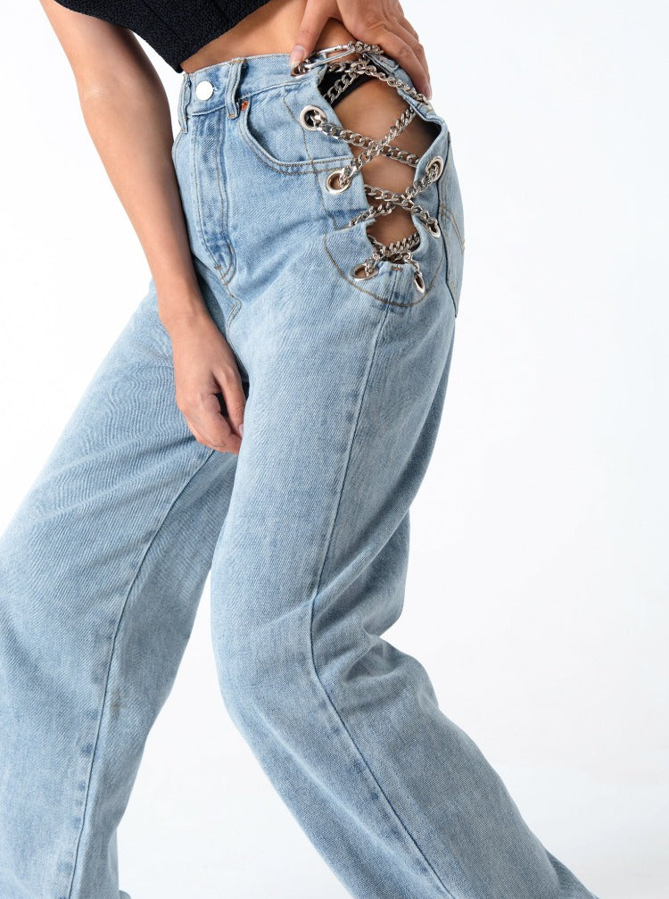 Sexy Metallic Chain Denim Lace up Jeans