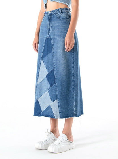 Tangram Bud Denim Patchwork Slight Stretch Long Skirt