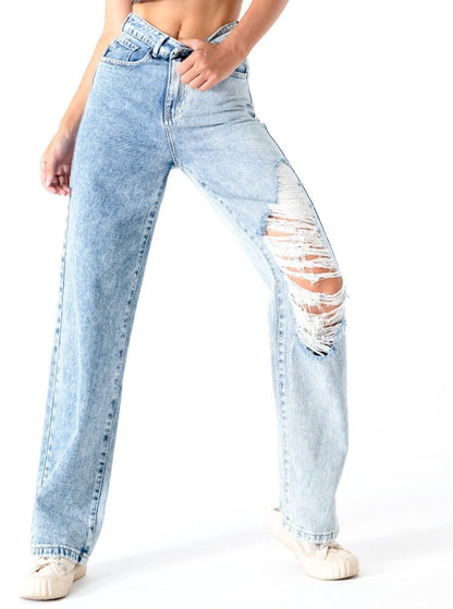Patchwork Denim Heterochromatic Ivory Ripped Jeans