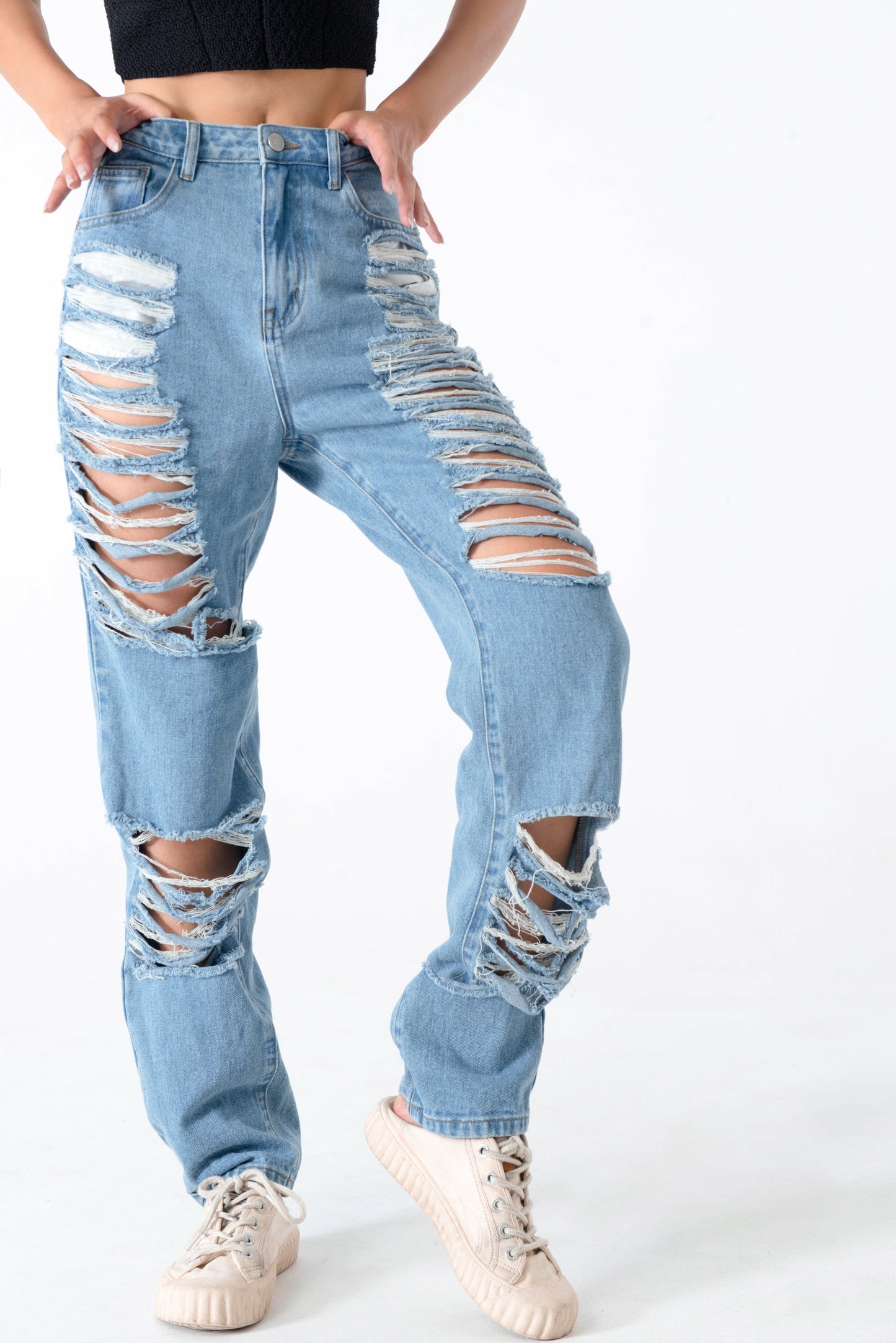 Ripped Denim Slight Stretch Cotton Jeans