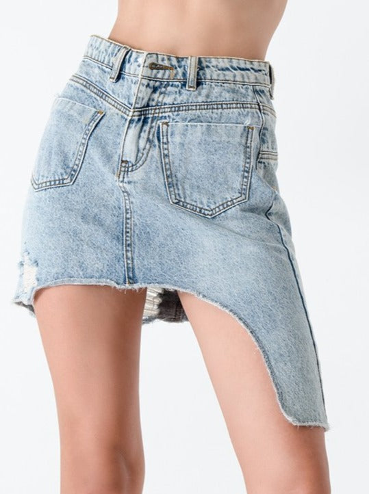 Stylish Denim Slight Stretch Irregular Hem Skirt