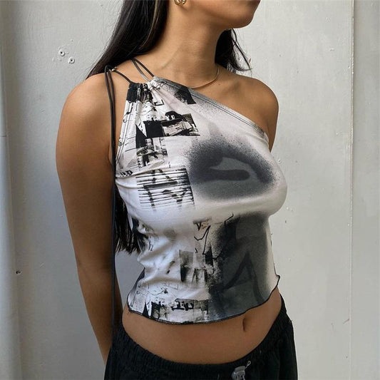 Sexy one shoulder lace printed cropped top