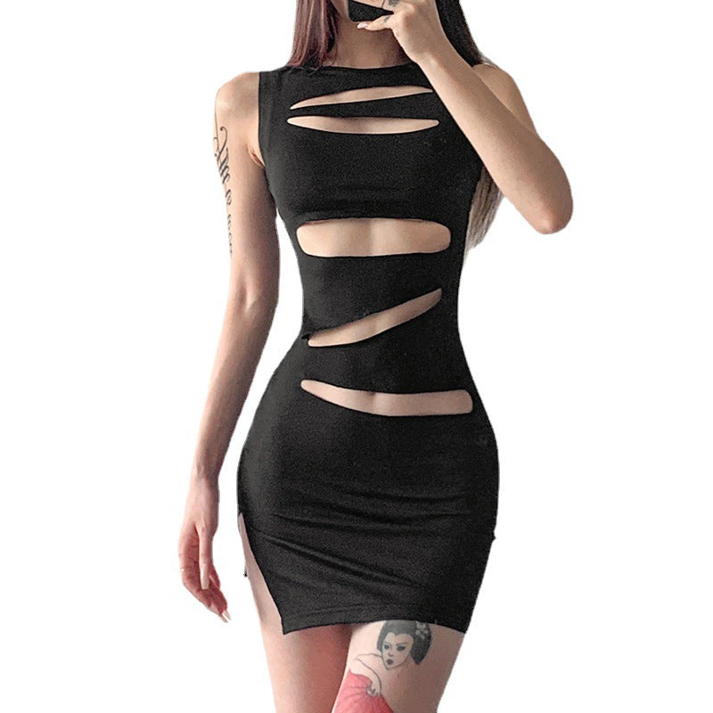 Round Neck Sleeveless Sexy Perforated Slim Fit Wrapped Hip Dress