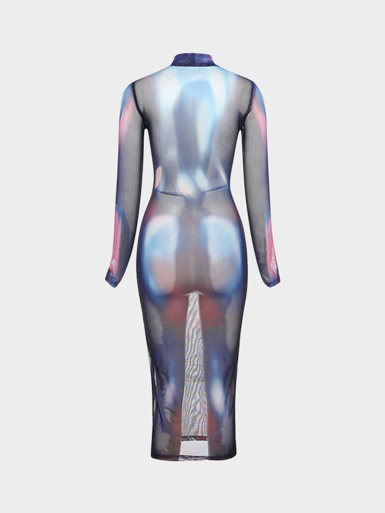 Body Print See-through Mesh Dress