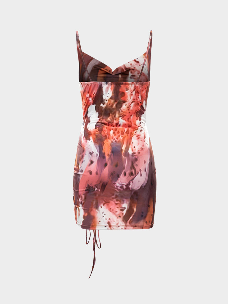 Smocked Lace-Up Print Dress