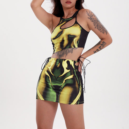 Irregular Sleeveless Vest Flame Body Print Mini Half Skirt 2-Piece Set