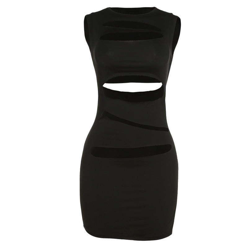 Round Neck Sleeveless Sexy Perforated Slim Fit Wrapped Hip Dress
