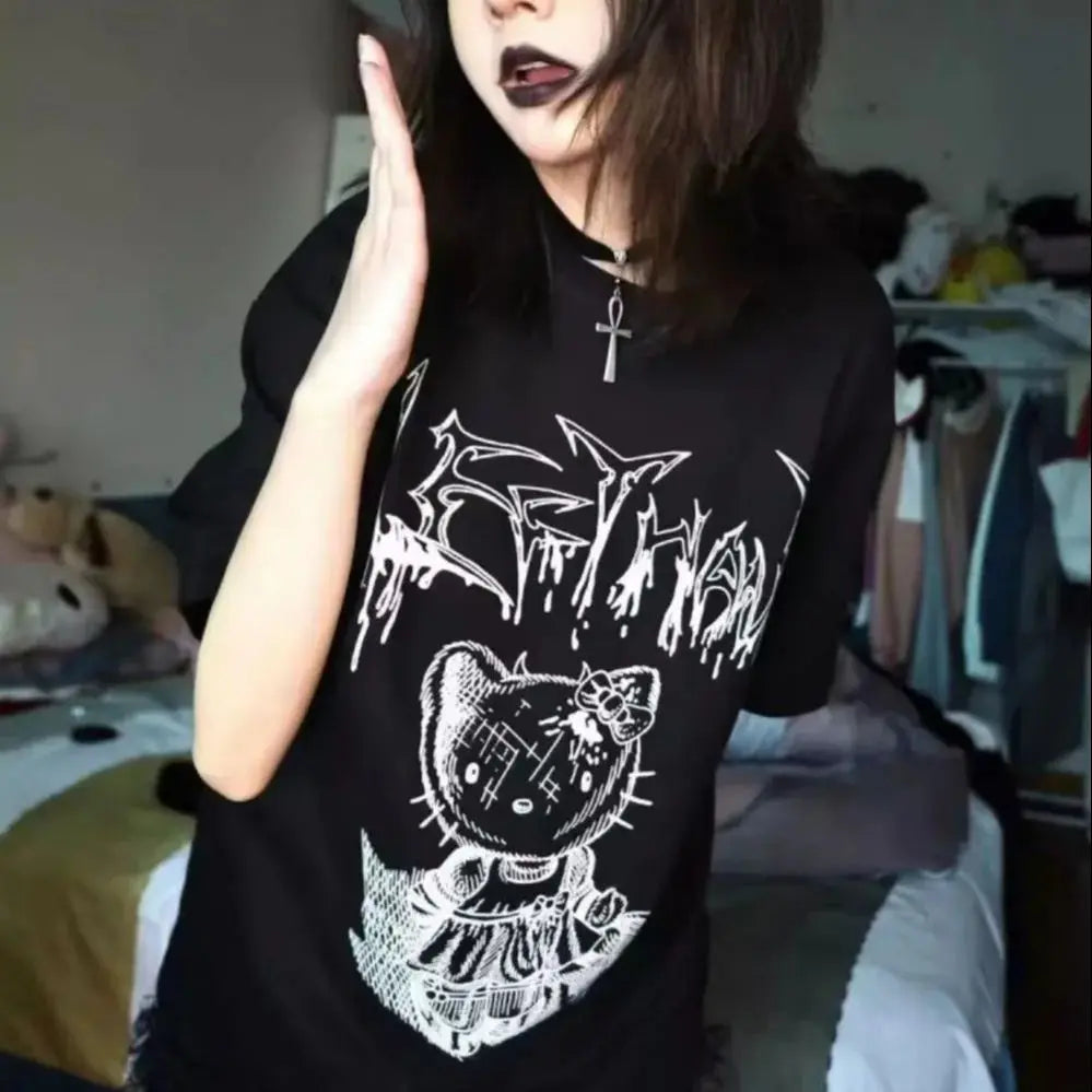 Japanese Harajuku style hottie Yabi short-sleeved black T-shirt dark punk loose top for women