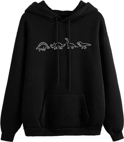 Autumn And Winter Women's New Harajuku Style Trend Y2K Dinosaur Print Hooded Sports Long-Sleeved Pullover Hoodie
