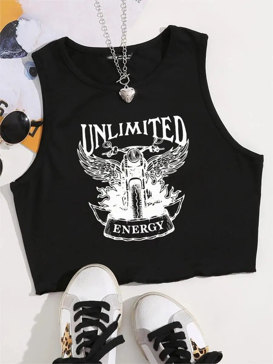 Women's Summer Sleeveless Round Neck Vest Tank Ins Y2K T-shirt Top Tees EZwear Motorcycle And Letter Graphic Print Top