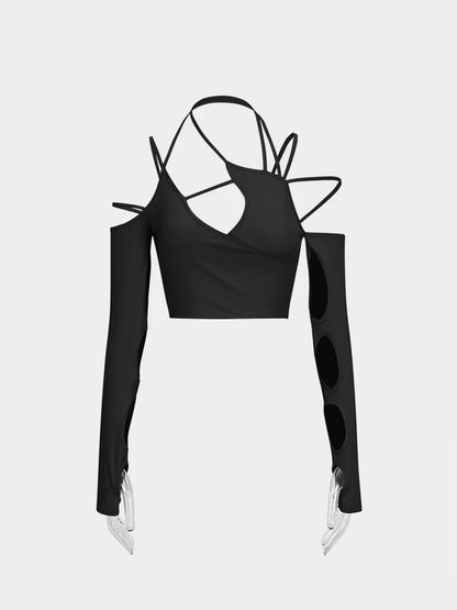  Women’s Summer Slim Fit Sexy Y2K Solid Color Irregular Strap Cut Out Off-the-shoulder Crop Long Sleeve Short Top