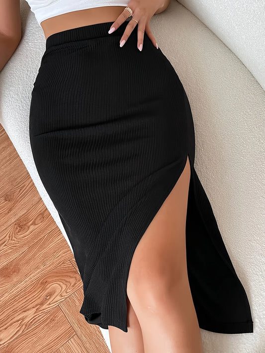  Women's Sexy Elegant Slim Fit Knit Elastic Wrap Hip Side Slit Midi Skirt One-Step Skirts Women Clothing