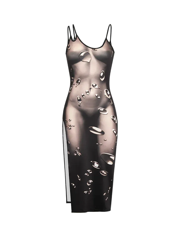 Women's Slim Fit Sexy Body Print Thermal Spaghetti Strap Split Hem Scoop Neck Midi Dress Bodycon Party Dresses 2023