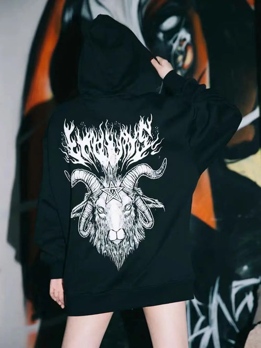 Joint Gothic Dark Rock Tattoo Flame Goat Head Hooded Sweatshirt