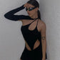  Women Sexy Hollow Crop Top Long Sleeves Bodycon Lace Up Tees Asymmetric Mesh Drawstring Bodice Cool-Street Tops