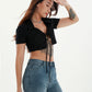  Women's Summer Y2K Cool Fashion Casual Solid Black Sexy Deep V Neck Front Knot Short Sleeve Crop Cardigan T-Shirt Top