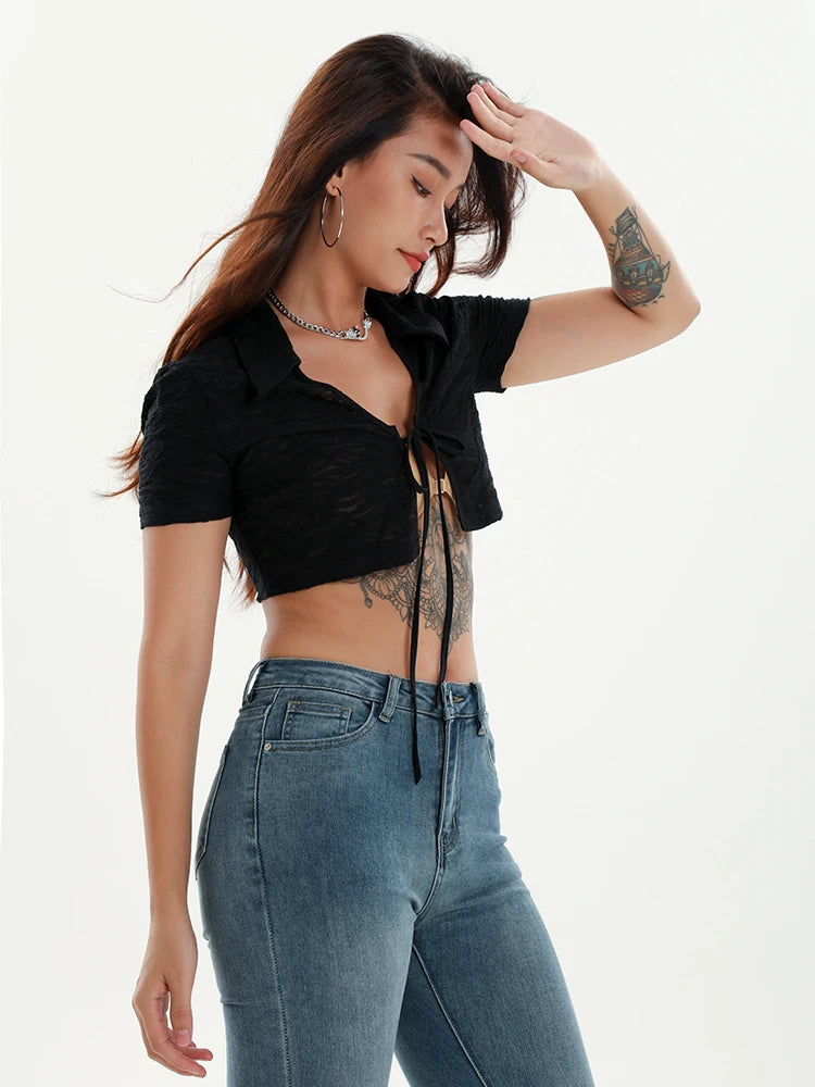  Women's Summer Y2K Cool Fashion Casual Solid Black Sexy Deep V Neck Front Knot Short Sleeve Crop Cardigan T-Shirt Top