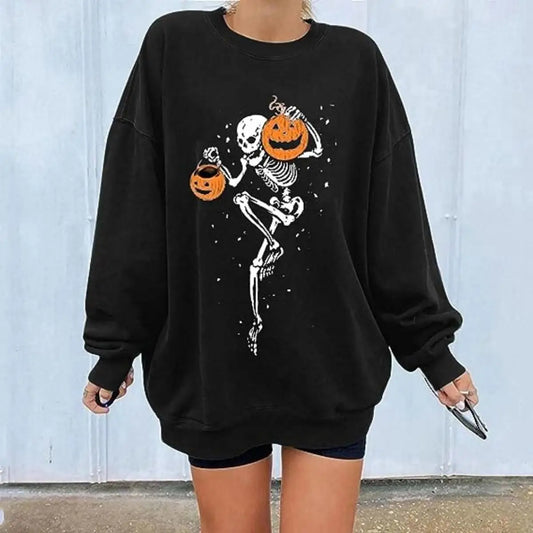 Autumn And Winter New Women Casual Round Neck Sweatshirt Y2K Skull Pumpkin Print Trendy Street Cute Loose Pullover