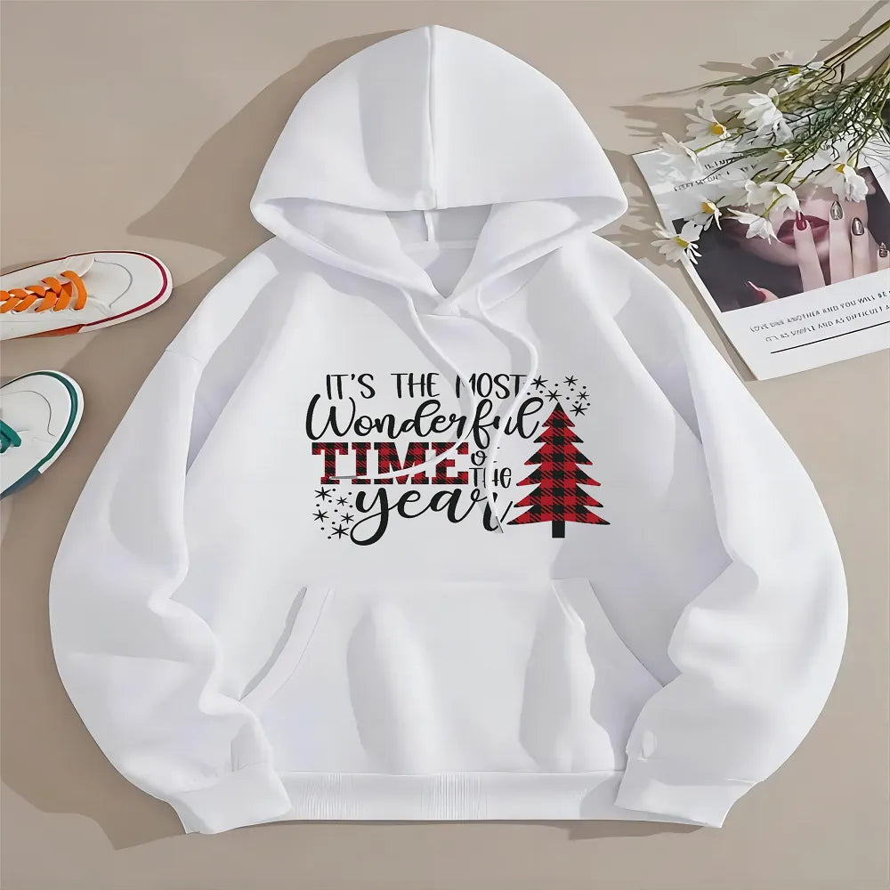 2023 New Autumn and Winter Clothing Women's Casual Harajuku Long Sleeve Pocket Hooded Christmas Print Pattern Printed Pullover