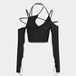  Women’s Summer Slim Fit Sexy Y2K Solid Color Irregular Strap Cut Out Off-the-shoulder Crop Long Sleeve Short Top