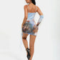  Summer Women's Sexy Slim Spaghetti Strap Y2K Halter Mural Print Gathering Club Party Mini Dress with One Glove