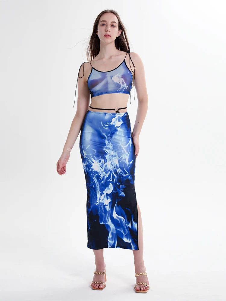 Women's Print Wrap Maxi Skirt Vest Top Set Summer Skirt Spaghetti Strap Tie Dye Sleeveless Cami Plunge Tank Top Suit