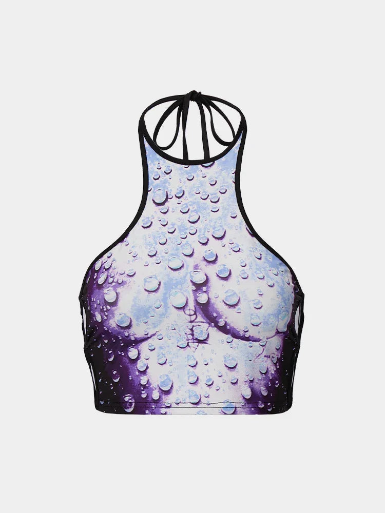  Fashion Ladies Summer Sexy 3D Water Drop Printing Tie Halter Design Short Vest Backless Camisole Sleeveless Top
