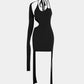 New 2023 Women's Body-Fitting Sexy One-Shoulder Sleeve Halter Neck Tie Design Solid Color Elegant Hollow Mini Dress