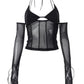  Women's Clothing Mesh Stitching Suspender Tube Top Trumpet Sleeve Lace-up Design Tight-fitting Sexy Navel Short