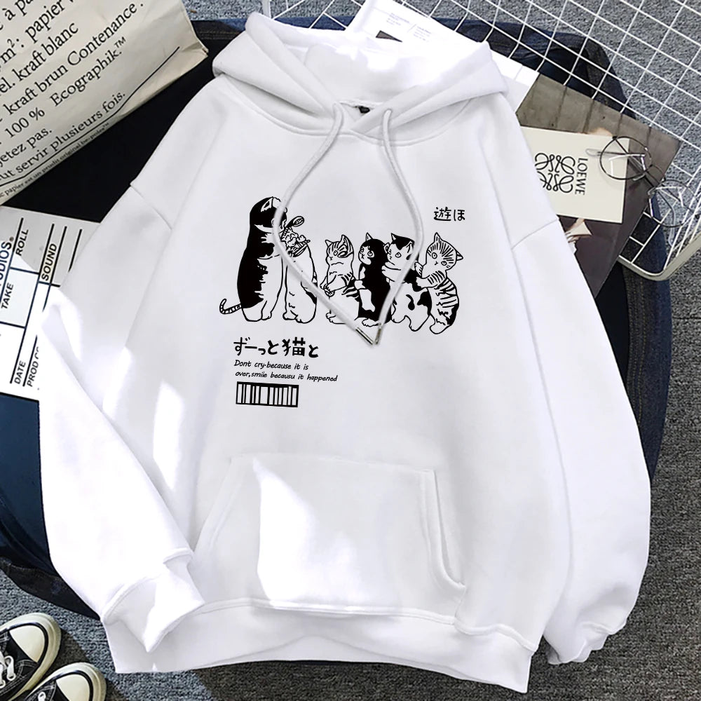 Autumn And Winter Women's New Style Trend Y2K Stick Figure Cat Family Print Hooded Sports Long-Sleeved Pullover Hoodie