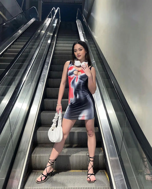  Women's Summer Sexy Slim Fit Wrap Hip Body Print Mini Dress Slanted Shoulder 3D Printed Dress Club Dresses 2023