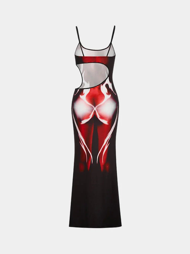 Womens Slim Fit Sexy Sleeveless Y2K Red Body Flame Print  Backless Hollow Side Slit Spaghetti Straps Maxi Party Dress
