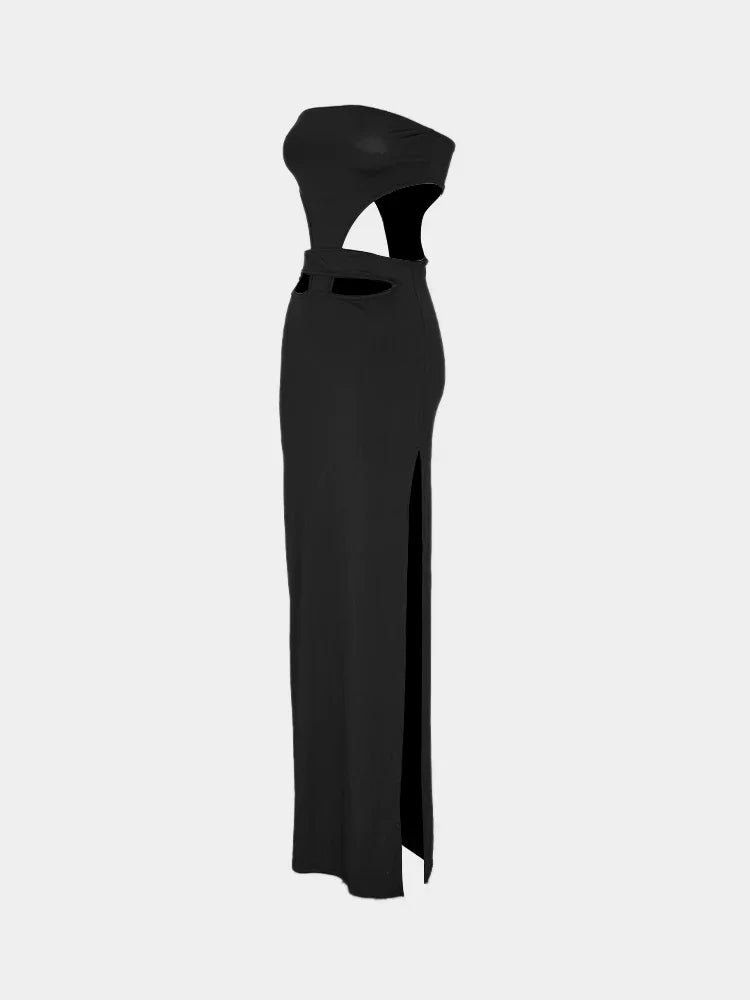  Summer Women's Gothic Style Tube Top Solid Color Waist Hollow Tight Sexy Club Reception Elegant Slit Long Dress