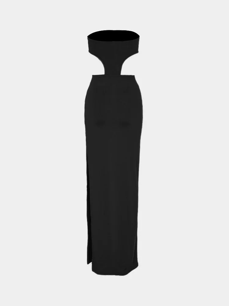  Summer Women's Gothic Style Tube Top Solid Color Waist Hollow Tight Sexy Club Reception Elegant Slit Long Dress