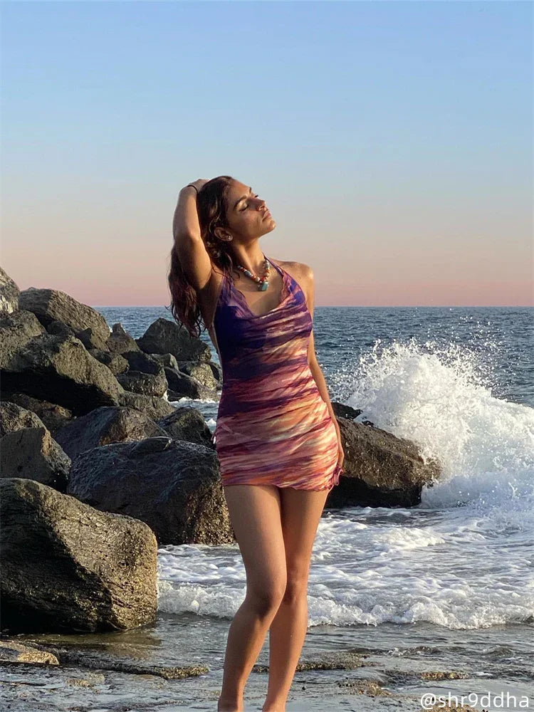  Women's Fashion New Spice Girl Sunset Print Halter Neck Slim Sexy Sleeveless Irregular Sweet Cool Beach Dress