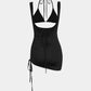  Women's Summer Sleeveless Sling Wrapped Chest Halter Neck Sexy Asymmetric Drawstring Pleated Solid Color Mini Dress