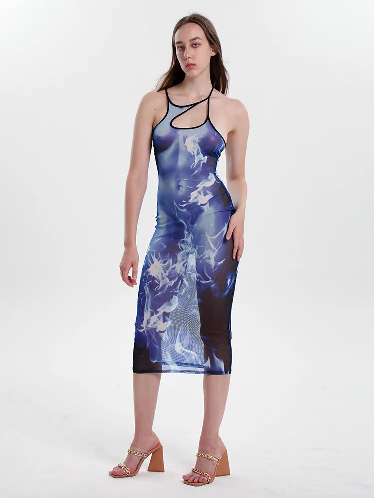  Women Sexy Suspender Sleeveless Dress Irregular Cut Out Blue Flame Print Hollow Maxi Dress