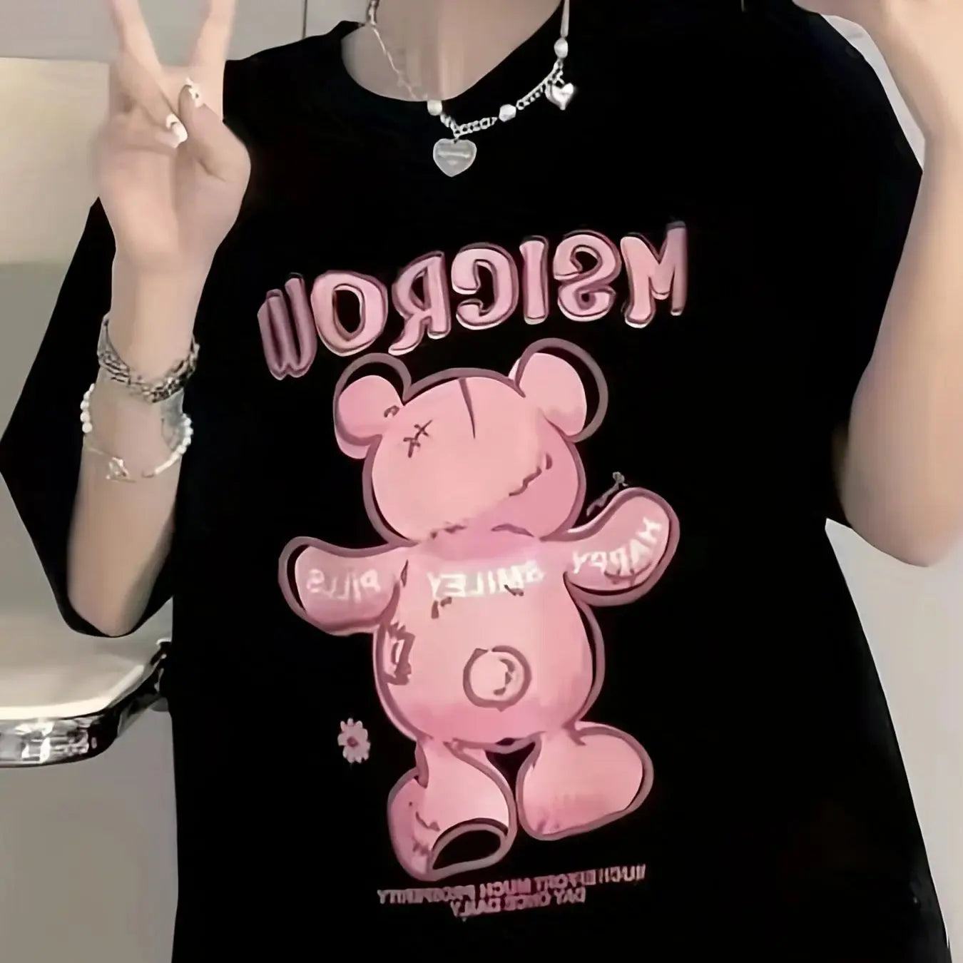 Ins cartoon pink bear letters cute print BF style long T-shirt
