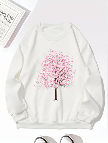 Harajuku pink cherry blossom tree print sweatshirt, pullover top casual round neck loose long-sleeved sweatshirt, women's sports