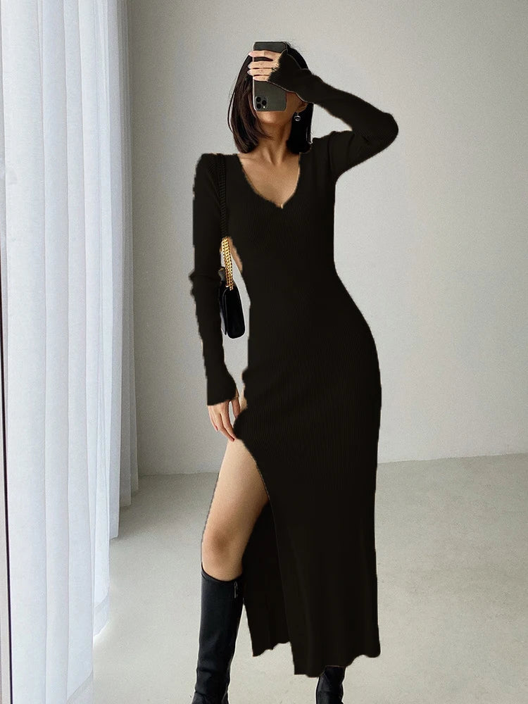 Sexy Cut Out Solid Color V Neck long sleeves Slim Fit Dress