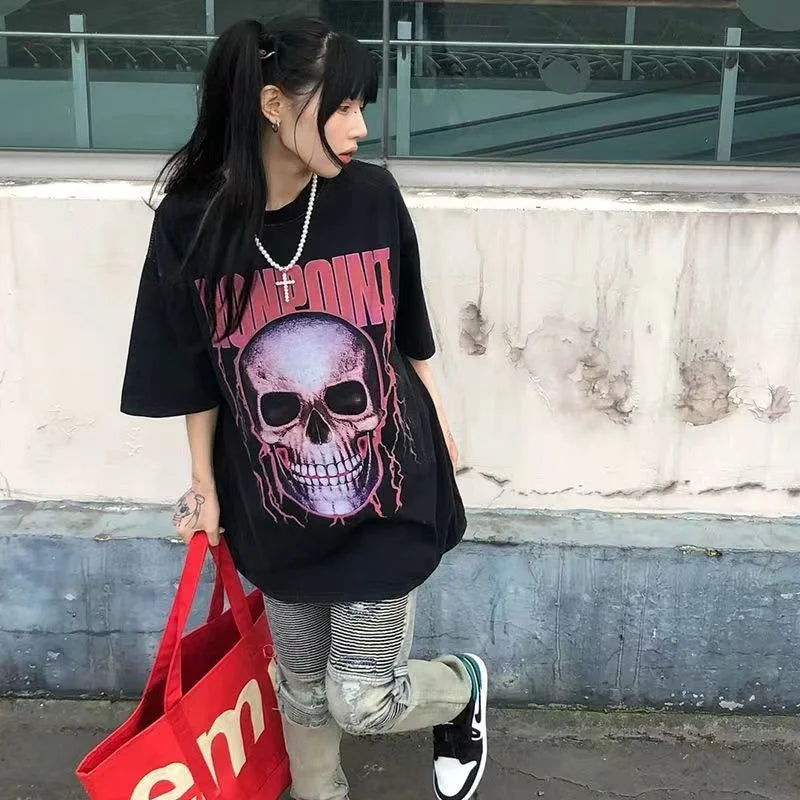 Dark high street skull printed short-sleeved T-shirt for male and female students ins hip-hop street versatile lazy style top sh