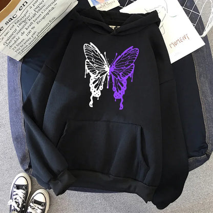 Women's New Cute Harajuku Style Trend Y2K Butterfly Print Hooded Sports Long-Sleeved Pullover Sweater Hoodies