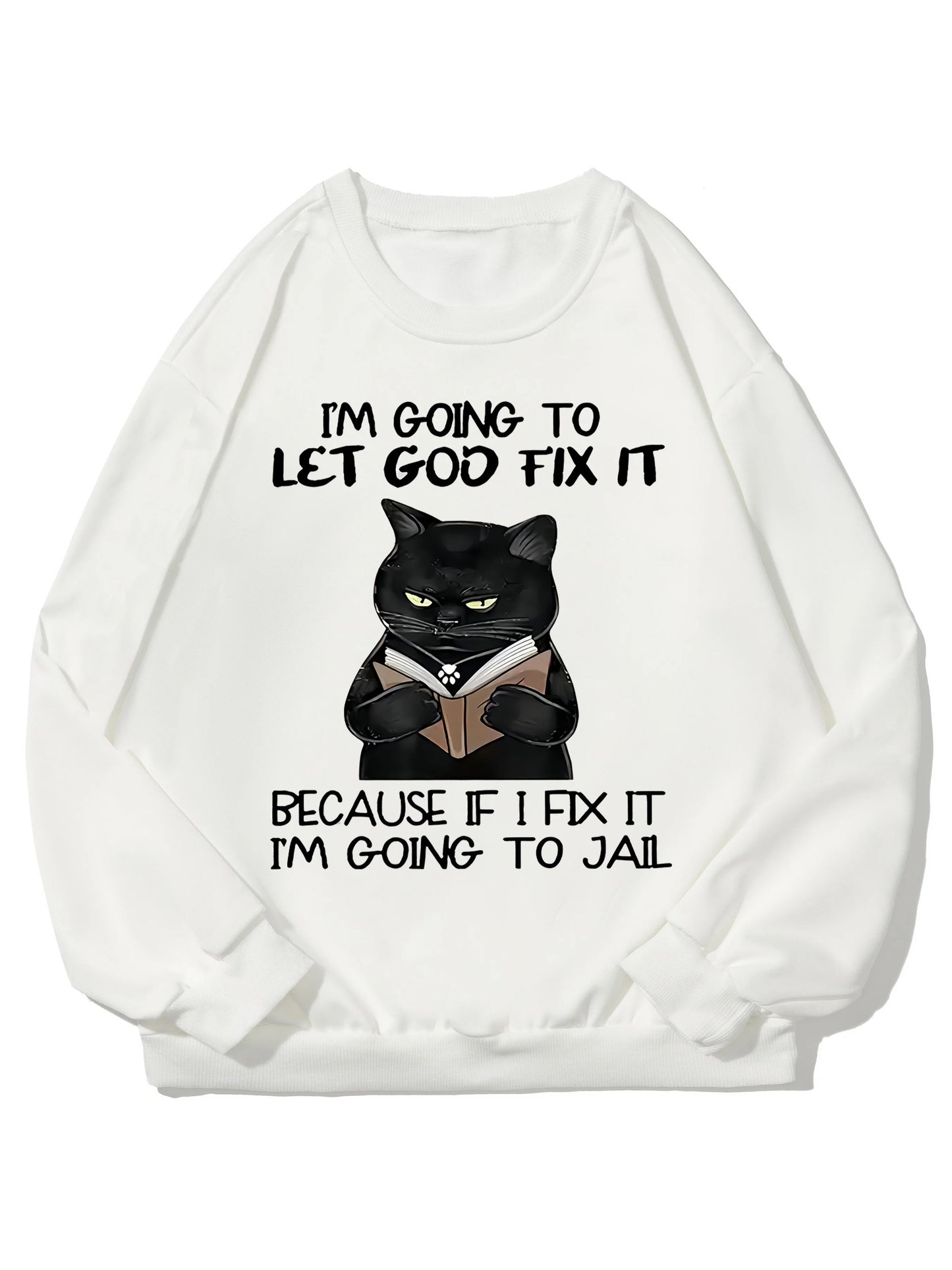 Cute Cat & Letter Print Pullover Sweatshirt, Casual Long Sleeve Crew Neck Sweatshirt For Fall & Winter, Women's Clothing