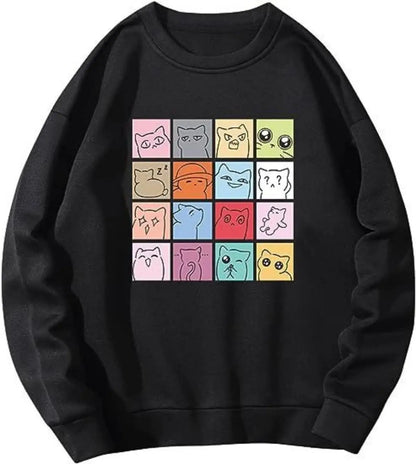 Autumn And Winter New Women Casual Round Neck Sweatshirt Y2K Stick Cat Print Trendy Street Cute Loose Pullover